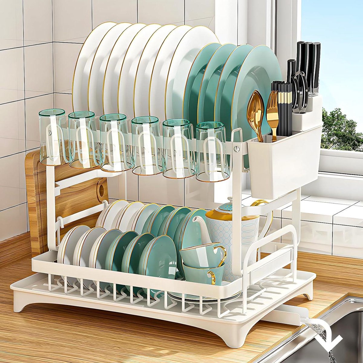 Goedkoopste Afdruiprek 2 niveaus koolstofstaal automatische afwatering - bekerhouder snijplankhouder - FRASHENG afdruipplank - keuken accessoires dish drying rack