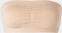 Beige strapless bh met ruches in het midden en geribbelde randen.