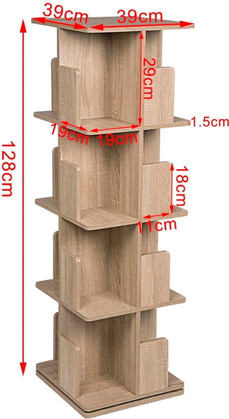 Manora Roterende boekenkast voor kinderen, hout, bruin, rond boekenkast, kinderkamer, 360° plank, draaibaar, voor woonkamer/thuiskantoor, anti- kantelinrichting, moderne stijl