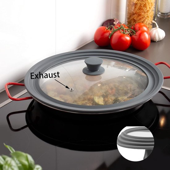 Angoily Universele siliconen deksel voor potten en pannen, hittebestendig, voedselzuigdeksel, luchtdichte afdichting, siliconen deksel voor schalen, platen, pannen, grijs 27 x 27 cm Angoily Universele siliconen deksel voor potten en pannen, hittebestendig, voedselzuigdeksel, luchtdichte afdichting, siliconen deksel voor schalen, platen, pannen, grijs 27 x 27 cm