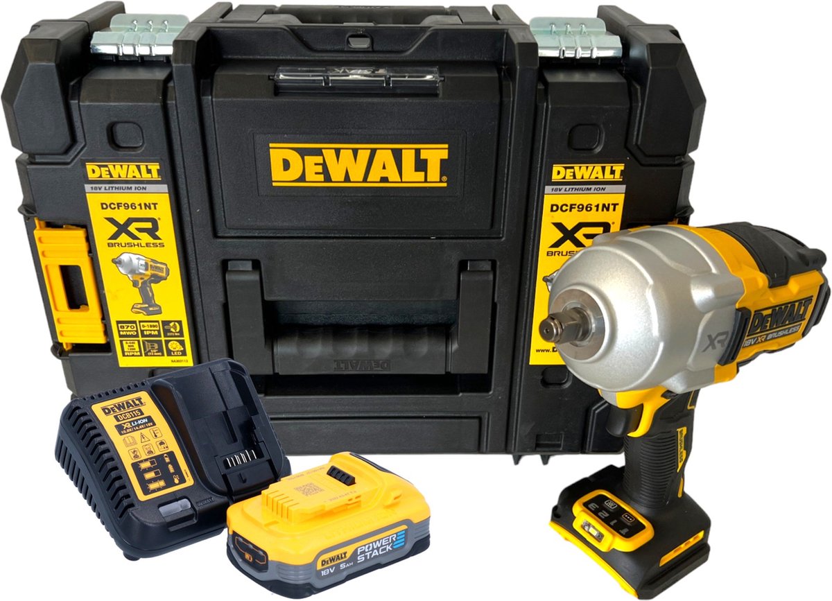 DeWalt DCF 961 H1T accu-slagmoersleutel 18 V 1632 Nm 1/2" borstelloos + 1x Powerstack-accu 5.0 Ah + lader + TSTAK