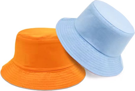 Bucket Hat Deluxe - Omkeerbaar Vissershoedje - Oranje & Lichtblauw - WK & EK - Koningsdag - Reversible - Dubbellaags - Maat 58 cm - Heren - Dames - Festival Accessoire - Festivalhoedje - Regenhoedje - Zonnehoedje - Emmerhoed - Hoed - Unisex