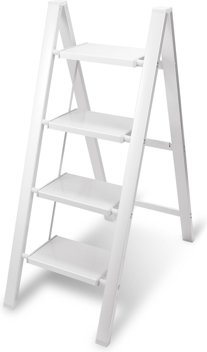 Opvouwbare ladder 4 Treden Keukentrap Inklapbaar - Anti-Slip - Trap Ladder Alu Wit