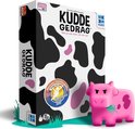 De doos van het spel Kuddegedrag met koeienvacht print, winnaar sticker en een roze koe.