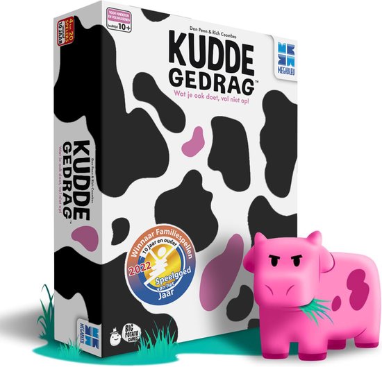 De doos van het spel Kuddegedrag met koeienvacht print, winnaar sticker en een roze koe.