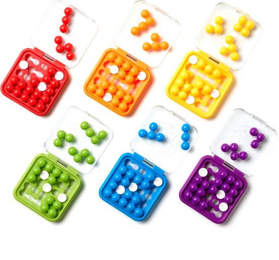 Zes IQ Mini spelletjes in rood, oranje, geel, groen, blauw en paars met bijpassende balletjes.