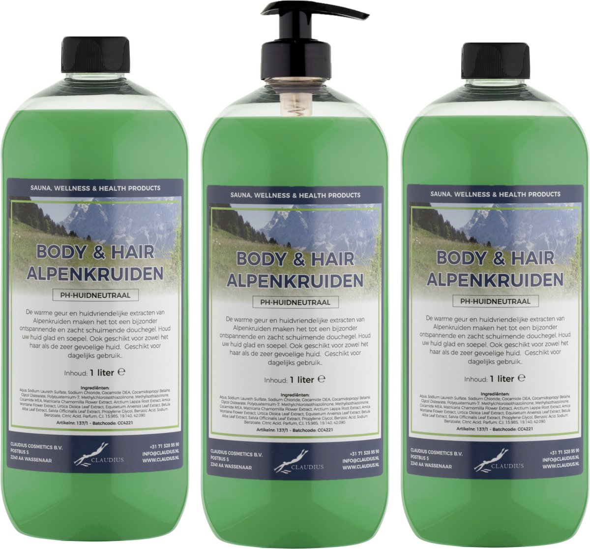 Goedkoopste Body & Hair Alpenkruiden 1 liter - set van 3 stuks - met gratis pomp - 2 in 1 voor lichaam en haar.