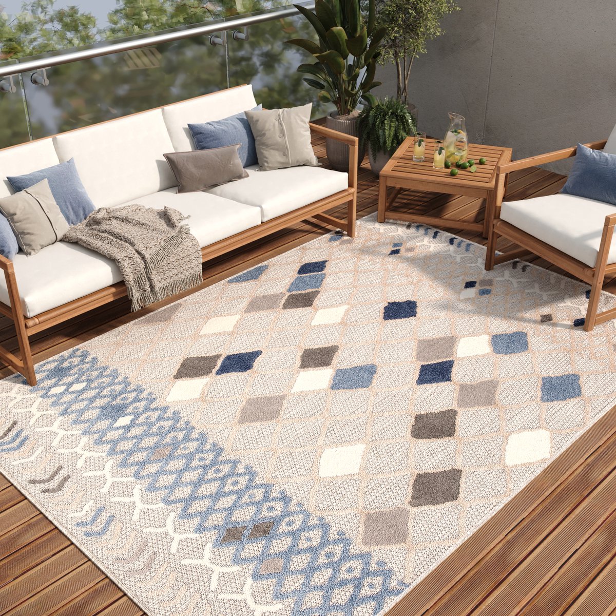 Tapiso Patio Indoor Tapijt Buitenkleed Vloerkleed Tuintapijt Outdoor Buiten Maat- 80x150 Grijs Blauw 4