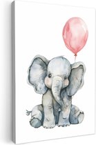 Canvas schilderij 60x90 cm - Wanddecoratie kinderkamer Olifant - Baby dier - Roze ballon - Muurdecoratie babykamer - Kamer decoratie voor jongens en meisjes - Baby accessoires - Schilderijen