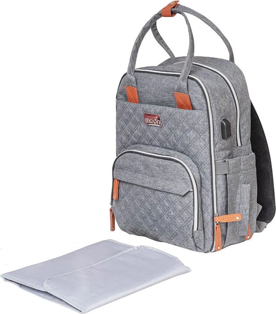 Moon™ Nutra - Luierrugzak - Inclusief Extra Tasje, Verschoonmatje, Kinderwagenclips en USB-oplaadpoort - Grijs met Kunstleer Accenten