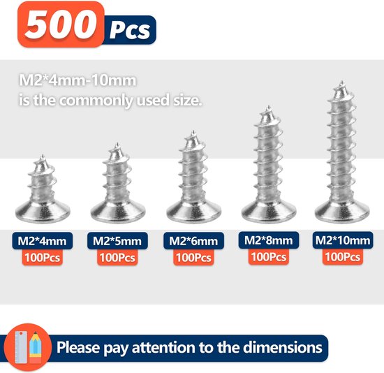 Kit de Vis autotaraudeuses M2 - 500 pièces - Acier allié