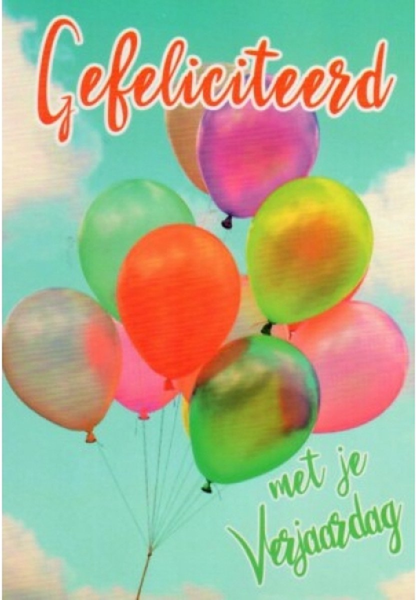 Gefeliciteerd met je verjaardag! Een bijzondere kaart met kleurrijke ballonnen in de lucht. Erg leuk om deze kaart zo te geven of om bij een cadeau te voegen. Een dubbele wenskaart inclusief envelop en in folie verpakt.