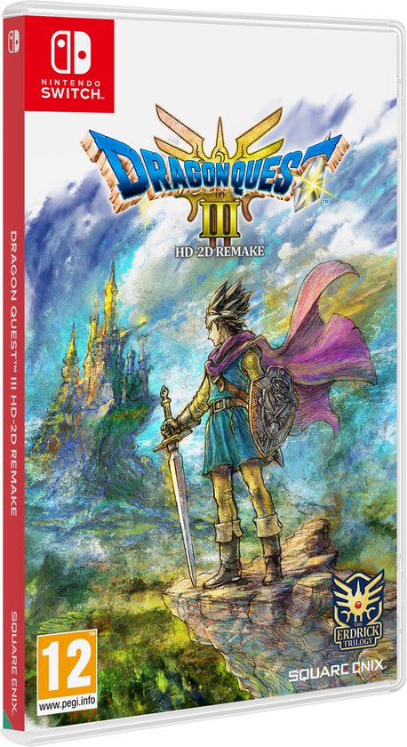 De doos van Dragon Quest III HD - 2D Remake voor Nintendo Switch. Een held met zwaard staat op een klif.