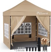 Duerté Luxe Partytent Easy Up Opvouwbaar met Vloer en Opbergvakjes - Tuinpaviljoen Evenementen tent 3x3 m Waterdicht Met Zijwanden -Beige