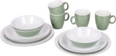 Groen en wit melamine servies met borden, kommen en mokken.