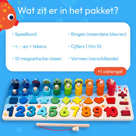 Inhoud van een 'Fishing Toys' pakket: spelbord, rekensymbolen, visjes, ringen, cijfers en vormen.