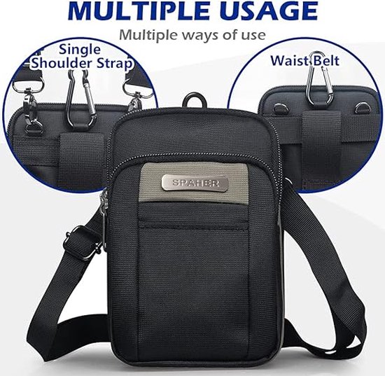 Zwarte crossbody tas, getoond met schouderband en als heuptas.