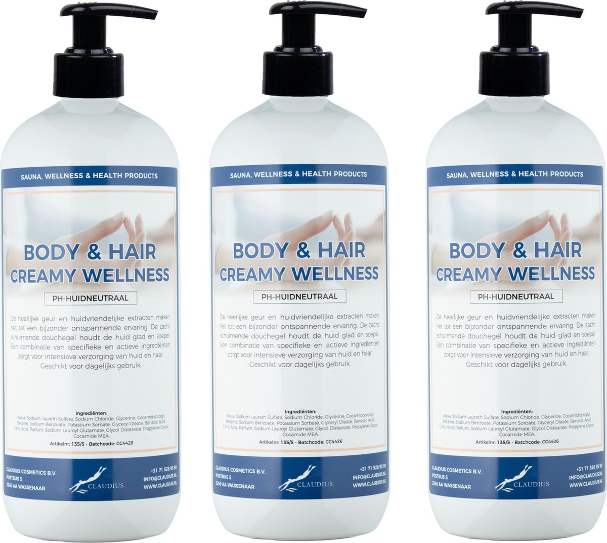Goedkoopste Body & Hair Creamy Wellness 1 liter - set van 3 stuks - met gratis pomp - 2 in 1 voor lichaam en haar.