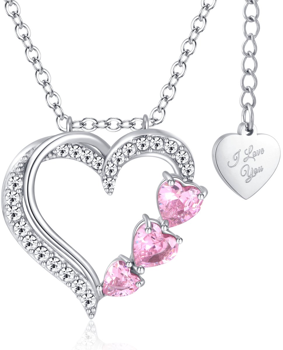 Malinsi® Ketting Dames Dubbel Hart Diamant - Zilverkleurig RVS - Kettingen met hanger - Cadeau vrouw