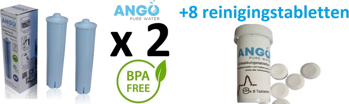 2 x Waterfilter ANGO voor Jura volautomatische koffiemachines, compatibel met Jura Blue 71311/67007 + extra ANGO Tabletten voor het reinigen en ontvetten van de koffiemachine - 8 tabletten x 2g