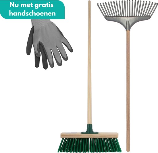 Foto: Homgar herfstdeal bladhark bezem essenhouten stelen 120 cm met gratis tuinhandschoenen