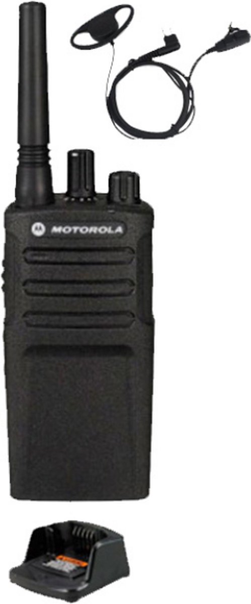 Motorola XT420 UHF IP55 PMR446 Portofoon met tafellader en D-shape oortje M1 2-Pins