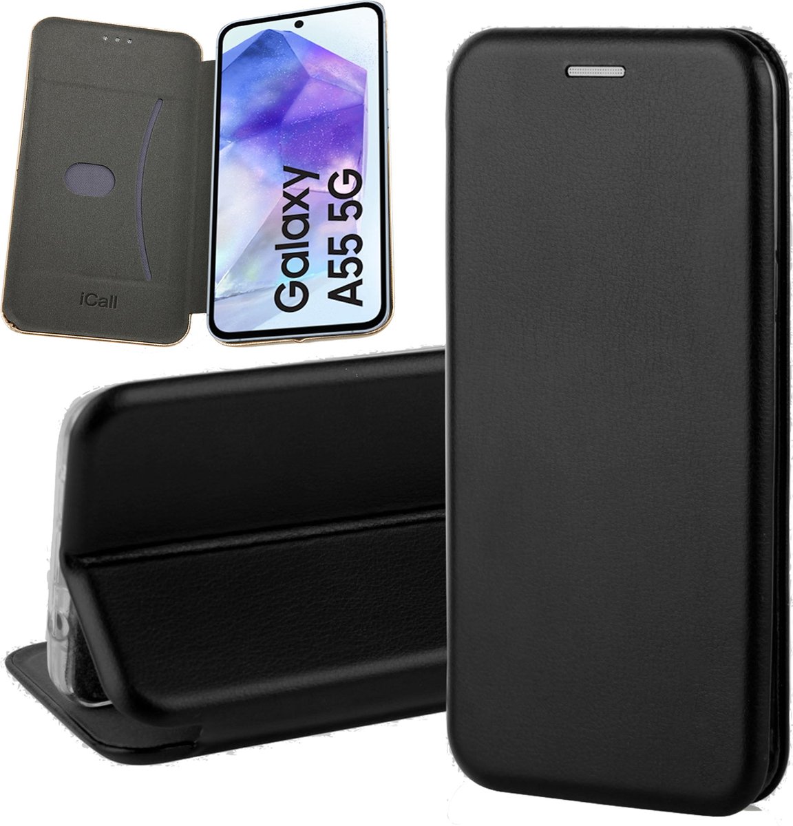 Hoesje geschikt voor Samsung Galaxy A55 - Screenprotector Volledig Dekkend Glas - Wallet Book Case Zwart