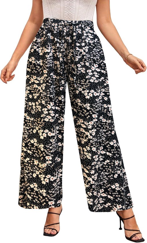 Dames Lange Culotte | Wijde Zomer Broeken | Wide-leg Trousers | Zwart | Bloemen | Maat 38