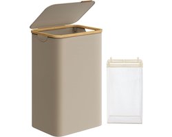 FurnStar - Wasmand met deksel - wasverzamelaar 90 l - uitneembare waszak - Oxford-weefsel - handgrepen van bamboe - inklapbaar - 42 x 32 x 70,5 cm - camelbruin