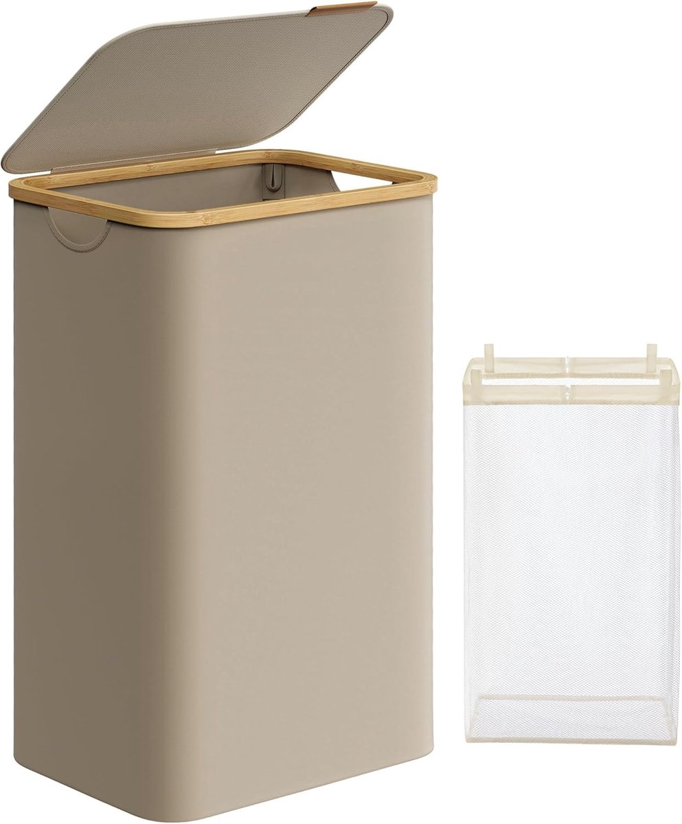 Goedkoopste FurnStar - Wasmand met deksel - wasverzamelaar 90 l - uitneembare waszak - Oxford-weefsel - handgrepen van bamboe - inklapbaar - 42 x 32 x 70,5 cm - camelbruin