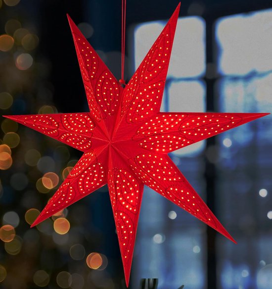 BRUBAKER 60 cm Papieren Kerstster om op te Hangen - Raam Adventster - 3D Papieren Ster met E14 Voet - Hangende Kerstdecoratie Lichtster met 3,5 m Kabel - Rood