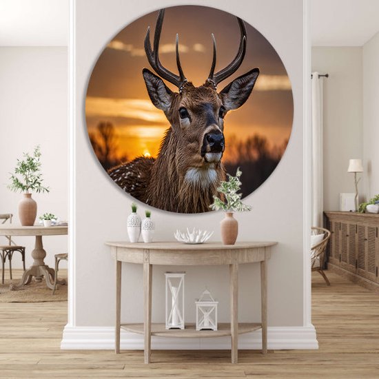 Cercle mural cerf - Plaque murale Animaux - Tableau rond Coucher de soleil - Décoration murale classique - Cercle mural - Décoration chambre cercle mural forex 60x60 cm
