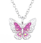 Joy|S - Zilveren vlinder hanger met ketting - zilver roze met roze kristalletjes - 39 cm (extra oogje op 36 cm) - voor kinderen - sterling zilver 925