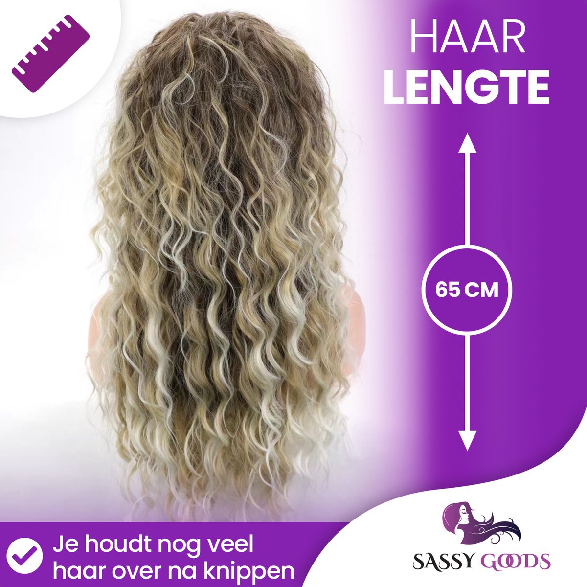 SassyGoods Luxe Blonde Pruik Blond Krullen - Pruiken Dames Lang Haar - Haarwerk - Wasbaar - 65 cm — afbeelding 3