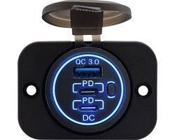 ProRide 12V USB/USB C Stopcontact 3 Poorten met schakelaar - Inbouw - QC3.0 - USB Autolader, Boot en Camper - Complete set - Blauw