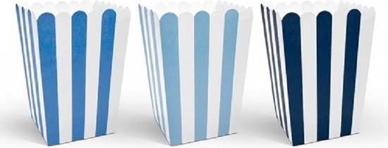 Partydeco Gestreepte popcorn bakjes blauw - 30x stuks - 7,5 x 7,5 x 12,5 cm - Snoep bakjes