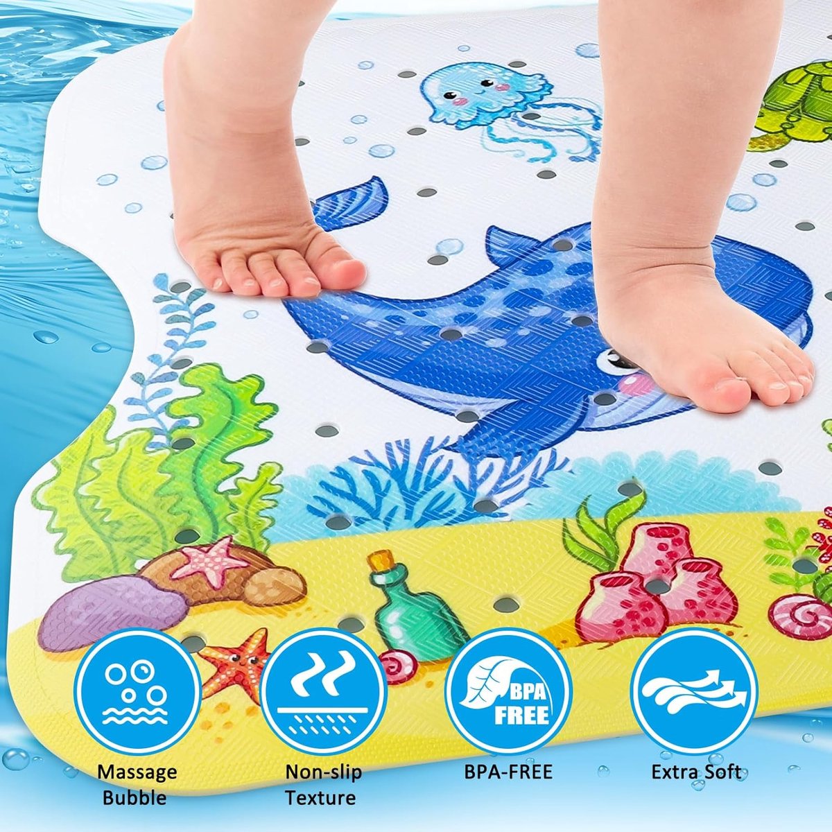 Badmat, 100 x 40 cm, schimmelbestendig, bedrukte badmat, antislip badmat in oceaanmotieven, douchemat voor kinderen en volwassenen, BPA-vrij (horizontaal, marine)