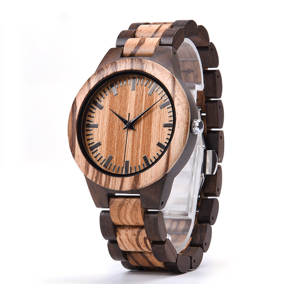 HO24-A08.6 : Houten horloge lichtbruin, band houten schakels