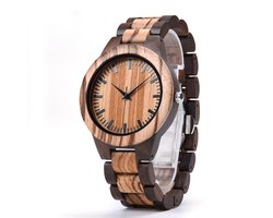 HO24-A08.6 : Houten horloge - Ø 45 mm - band - Zebrahout in midden met donker bruin Sandalwood houten schakels
