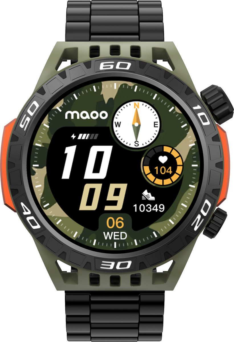 Maoo Explorer Outdoor Smartwatch Heren - Stainless Steel en TPU bandje - Intern Kompas - Zaklamp - Stappenteller - Hartslagmeter - Slaapmonitor - Multisport - Geschikt voor Android en iOS - Camouflage