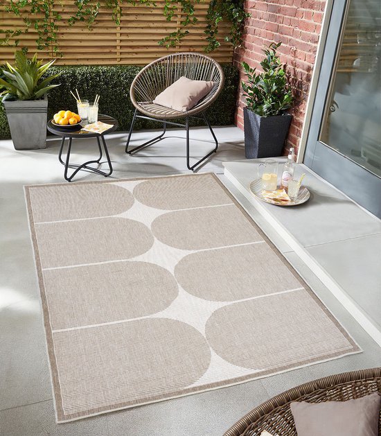 Foto: Flycarpets omkeerbaar terrazo japandi buitenkleed beige creme 200x290 cm vloerkleed buiten laagpolig tuinkleed tuintapijt buitentapijt