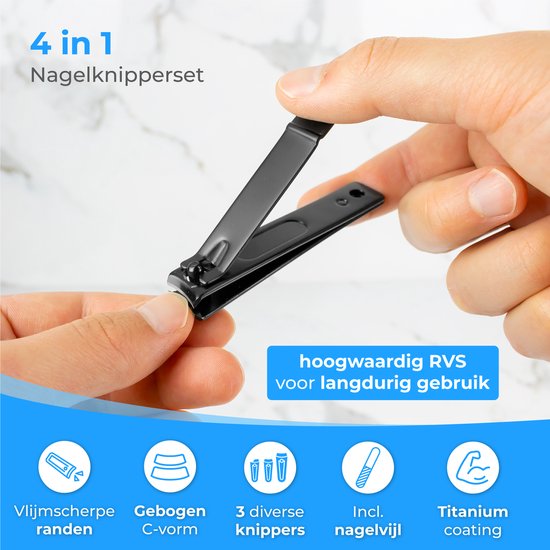 Nuvance Nagelknipper - 4 in 1 - Incl. Nagelvijl - Nageltang - Teennagelknipper - Kalknagel - Zwart