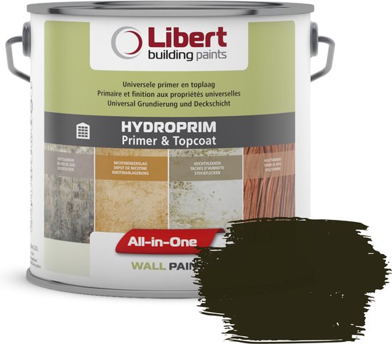 Libert Hydroprim verfblik met een donkerbruine verfstaal. Universele primer en toplaag.