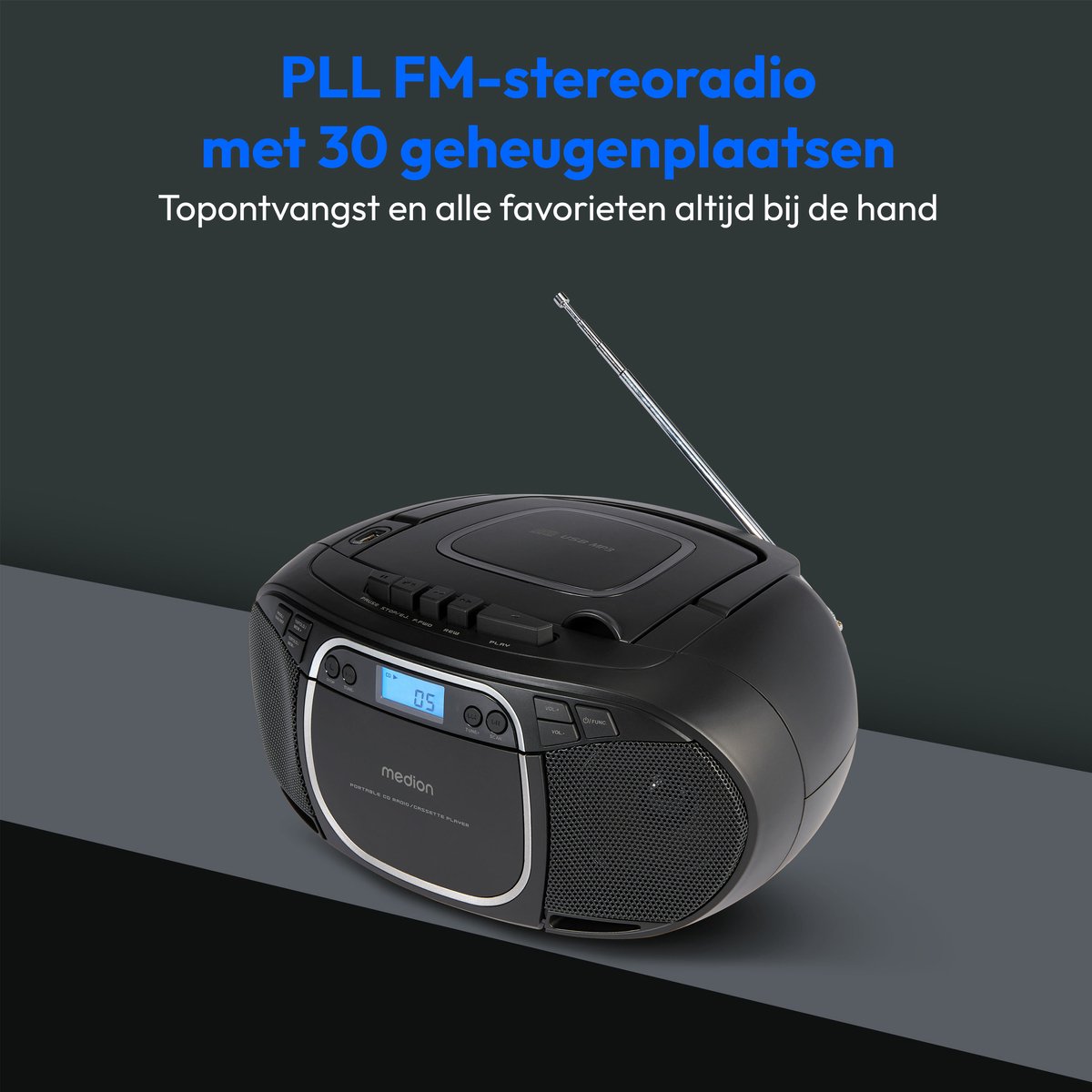 MEDION E66476 Stereo Sound Systeem (Boombox, CD-speler, MP3, cassette, draagbare cassettespeler voor kinderen, FM-radio, AUX, hoofdtelefoon, netstroom & batterij), zwart thumbnail 4