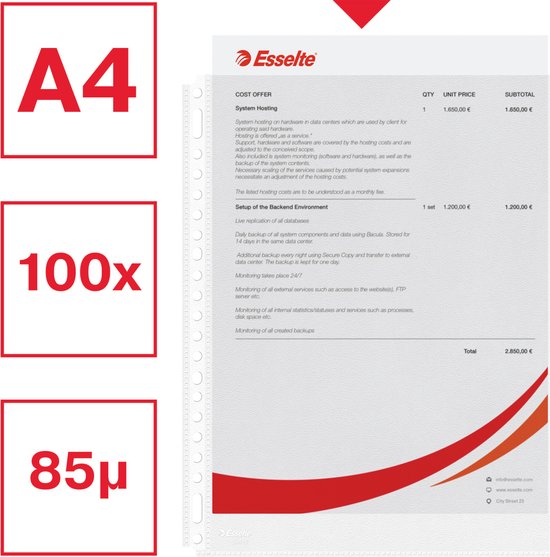 A4 insteekhoes met 'Esselte' logo, factuurdetails, rode golf en cirkels met 'A4', '100x' en '85μ'.