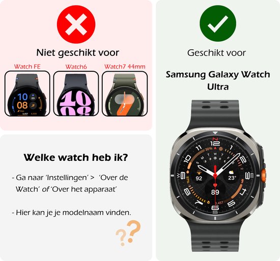 De screenprotector is geschikt voor Samsung Galaxy Watch Ultra, niet voor Watch FE, Watch6 of Watch7.