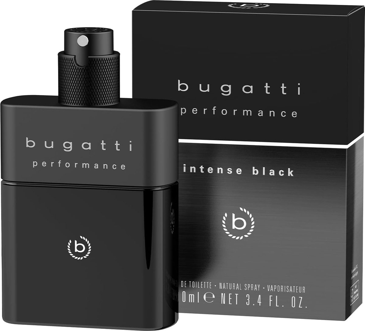 Goedkoopste bugatti Performance Intense Black Parfum voor heren, 100 ml, Oosterse houtachtige eau de toilette herenparfum met passievrucht, kasjmier, ambra en muskus, krachtig met exotisch-mannelijke noten
