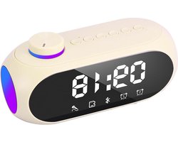 Bedside Alarm Clock with Adjustable LED Display Night Light USB Rechargeable Bluetooth Speaker FM Radio Dual Alarm for Bedroom (Beige)