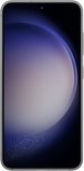 Voorkant van een zwarte Samsung Galaxy S23 met een scherm met paarse en grijze cirkels.