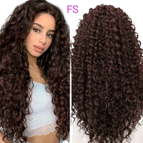 Foto: Frazimashop 22 inch bruin pruik hittebestendige pruiken dames lang krul haar kleur 4 bruin front lace wig 13x1 hoge kwaliteit synthetische pruik 55 cm